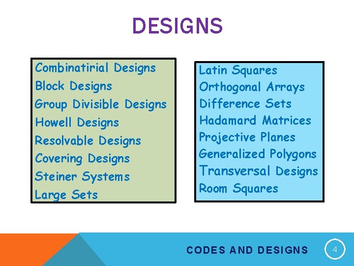 DESIGNS Combinatirial Designs Block Designs Group Divisible Designs Howell Designs Resolvable Designs Covering Designs