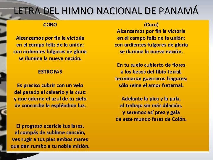 LETRA DEL HIMNO NACIONAL DE PANAMÁ CORO Alcanzamos por fin la victoria en el LETRA DEL HIMNO NACIONAL DE PANAMÁ CORO Alcanzamos por fin la victoria en el