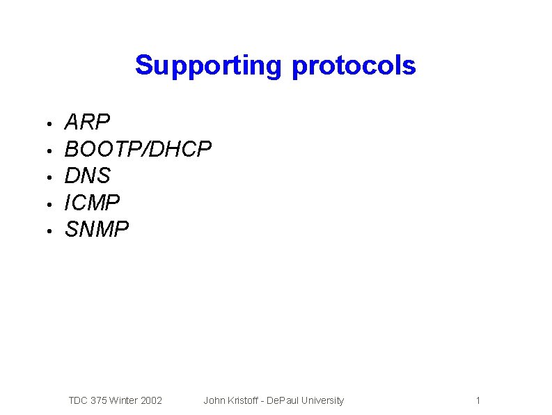 Supporting protocols • • • ARP BOOTP/DHCP DNS ICMP SNMP TDC 375 Winter 2002