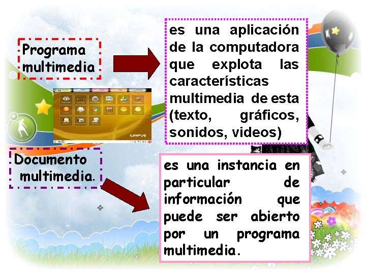 Programa multimedia Documento multimedia. es una aplicación de la computadora que explota las características