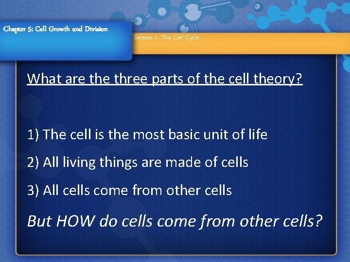 Chapter 5: Cell Growth and Division Section 1: The Cell Cycle What are three
