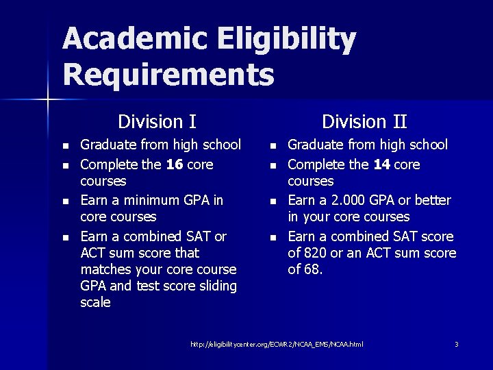 Academic Eligibility Requirements Division I n n Graduate from high school Complete the 16