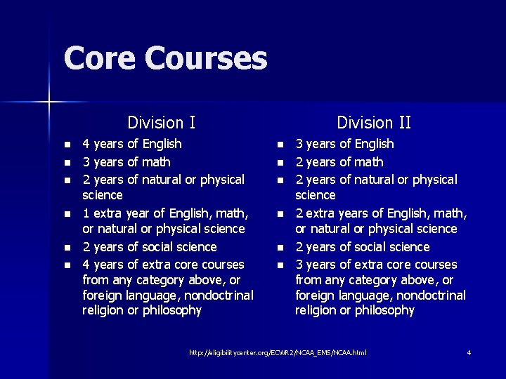 Core Courses Division I n n n 4 years of English 3 years of