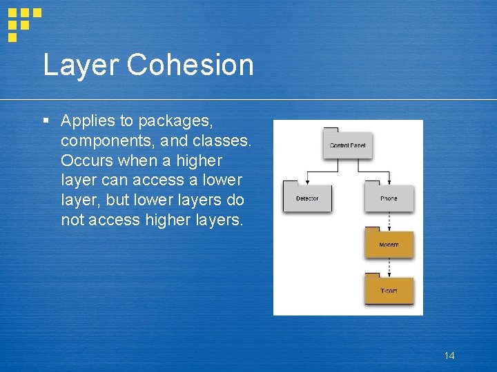 Layer Cohesion § Applies to packages, components, and classes. Occurs when a higher layer