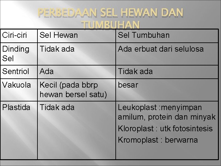 Ciri-ciri PERBEDAAN SEL HEWAN DAN TUMBUHAN Sel Hewan Sel Tumbuhan Dinding Sel Tidak ada