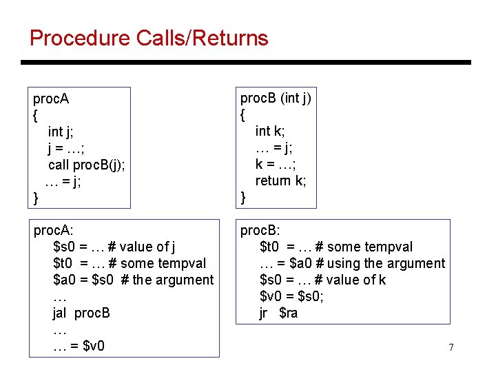 Procedure Calls/Returns proc. A { int j; j = …; call proc. B(j); …
