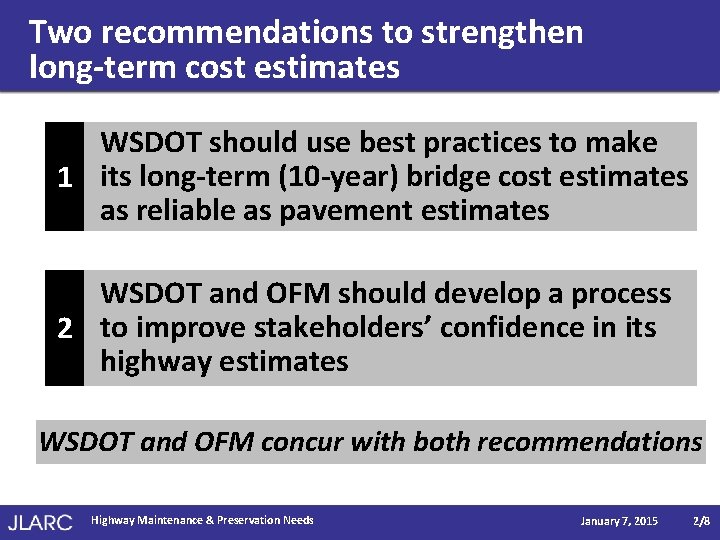 Two recommendations to strengthen long-term cost estimates WSDOT should use best practices to make