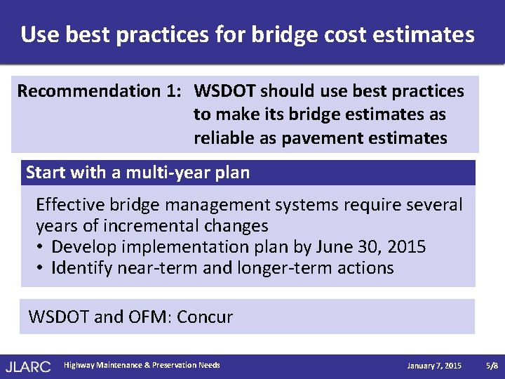 Use best practices for bridge cost estimates Recommendation 1: WSDOT should use best practices