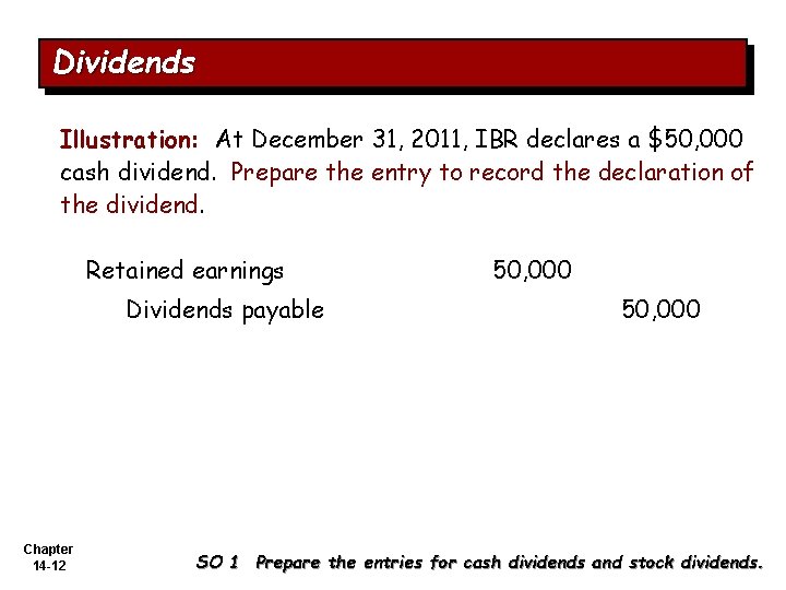 Dividends Illustration: At December 31, 2011, IBR declares a $50, 000 cash dividend. Prepare