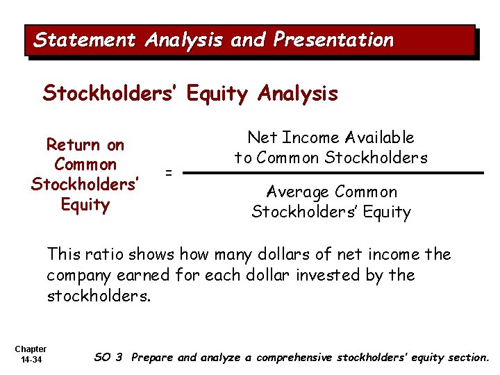 Statement Analysis and Presentation Stockholders’ Equity Analysis Return on Common Stockholders’ Equity = Net