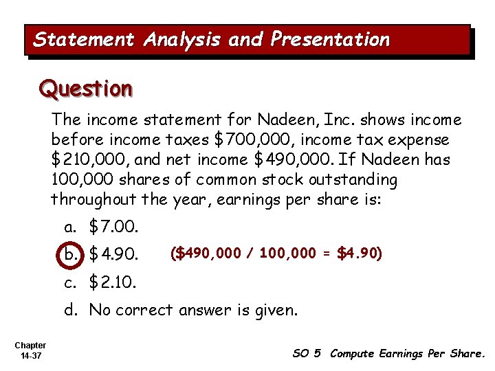 Statement Analysis and Presentation Question The income statement for Nadeen, Inc. shows income before