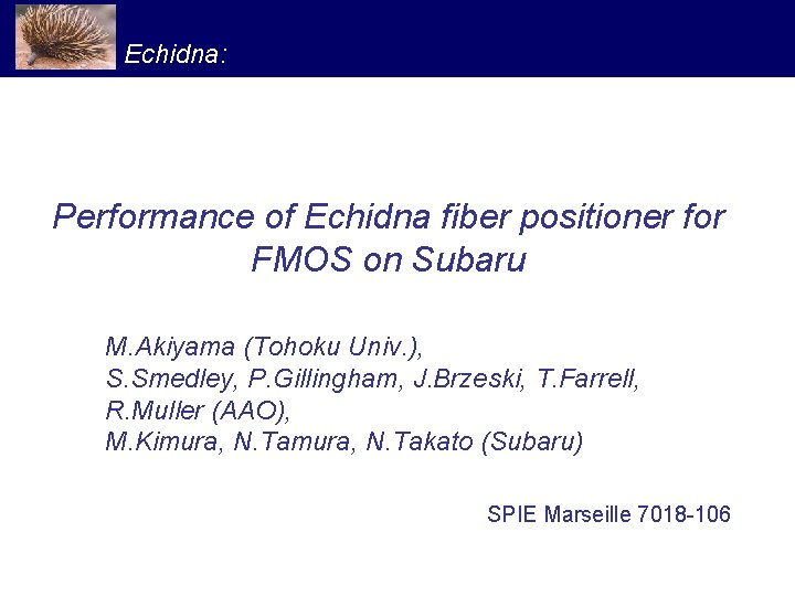 Echidna: Performance of Echidna fiber positioner for FMOS on Subaru M. Akiyama (Tohoku Univ.