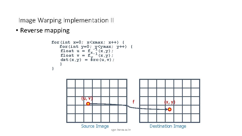 Image Warping Implementation II • Reverse mapping for(int x=0; x<xmax; x++) { for(int y=0;