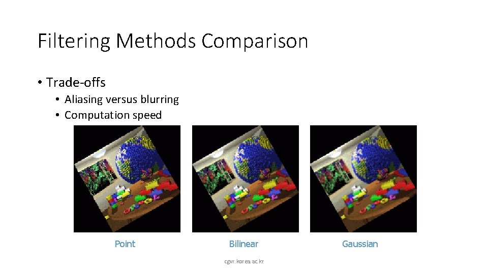 Filtering Methods Comparison • Trade-offs • Aliasing versus blurring • Computation speed Point Bilinear