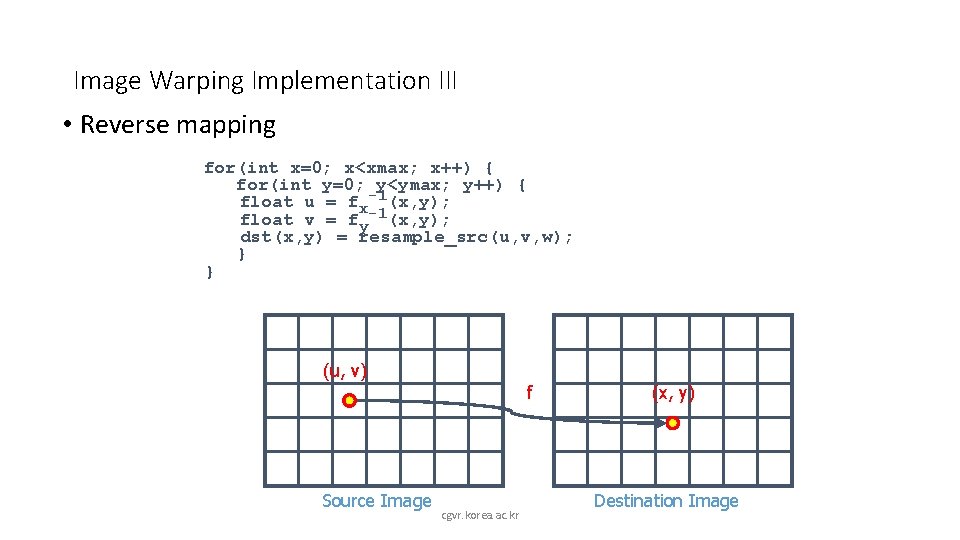 Image Warping Implementation III • Reverse mapping for(int x=0; x<xmax; x++) { for(int y=0;