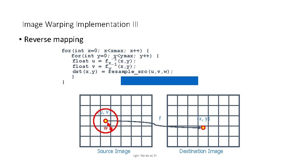 Image Warping Implementation III • Reverse mapping for(int x=0; x<xmax; x++) { for(int y=0;