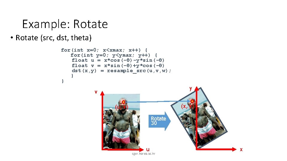 Example: Rotate • Rotate (src, dst, theta) for(int x=0; x<xmax; x++) { for(int y=0;