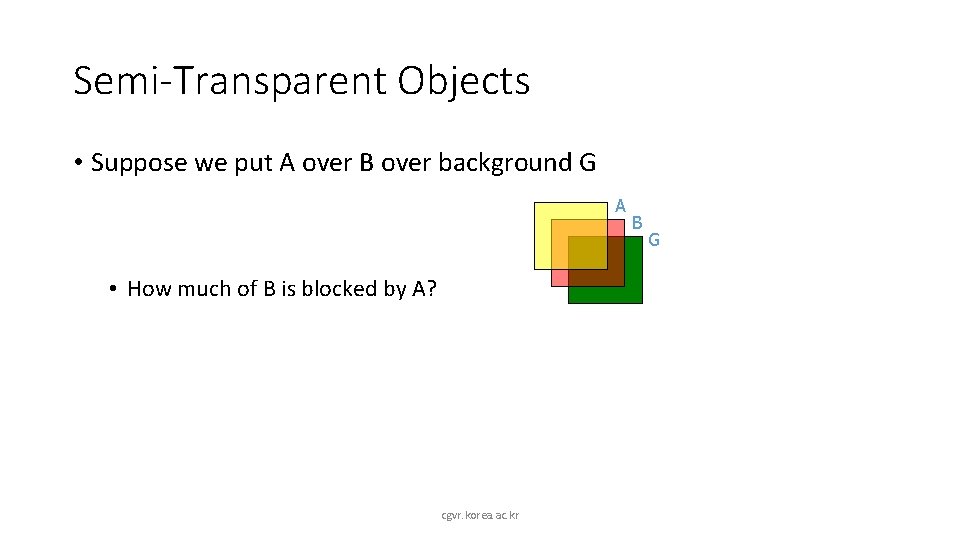 Semi-Transparent Objects • Suppose we put A over B over background G A •