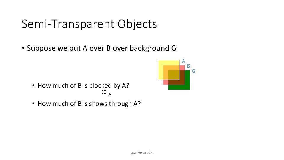 Semi-Transparent Objects • Suppose we put A over B over background G A •