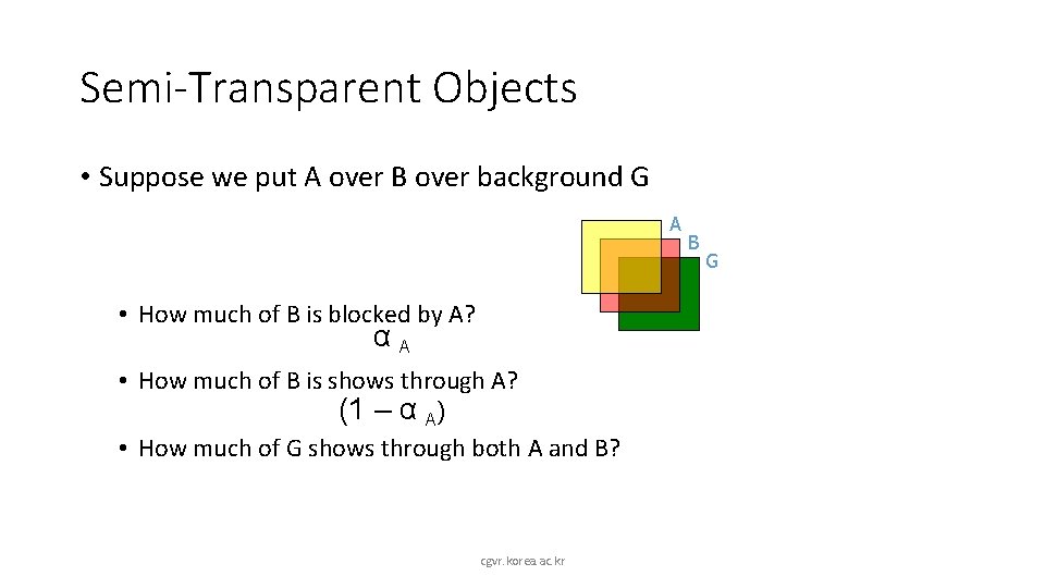 Semi-Transparent Objects • Suppose we put A over B over background G A •