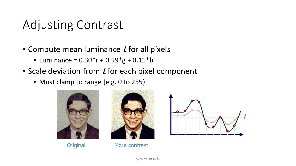 Adjusting Contrast • Compute mean luminance L for all pixels • Luminance = 0.