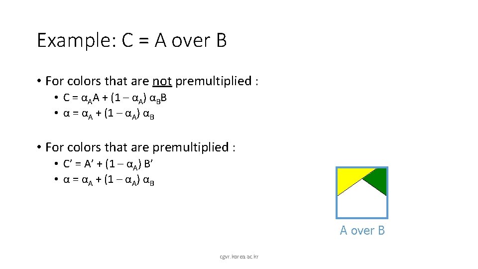 Example: C = A over B • For colors that are not premultiplied :