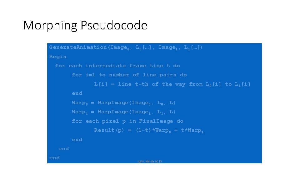Morphing Pseudocode Generate. Animation(Image 0, L 0[…], Image 1, L 1[…]) Begin for each