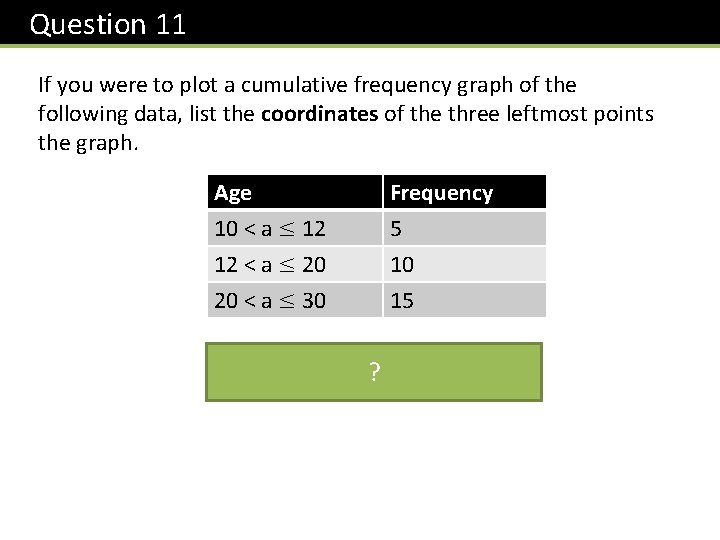 Question 11 If you were to plot a cumulative frequency graph of the following