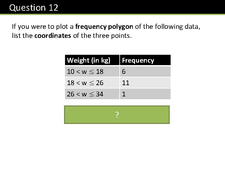 Question 12 If you were to plot a frequency polygon of the following data,