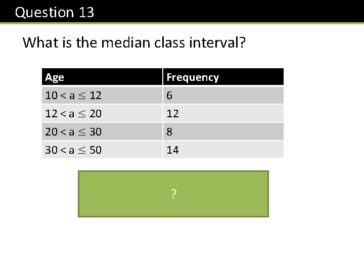 Question 13 What is the median class interval? Age 10 < a ≤ 12