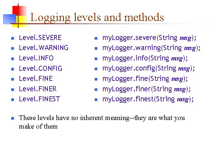 Logging levels and methods n n n n Level. SEVERE Level. WARNING Level. INFO