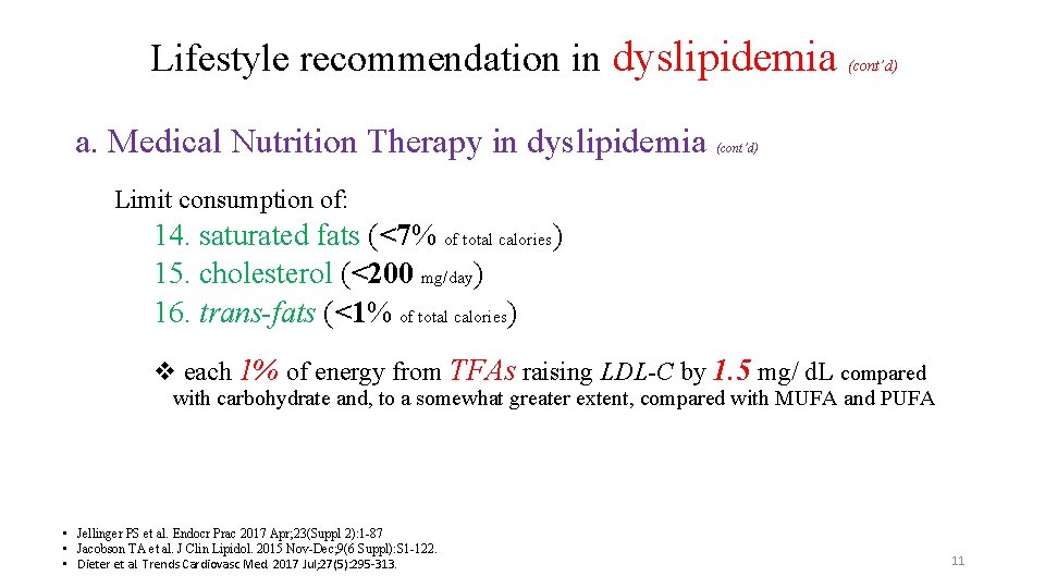 Lifestyle recommendation in dyslipidemia a. Medical Nutrition Therapy in dyslipidemia (cont’d) Limit consumption of: