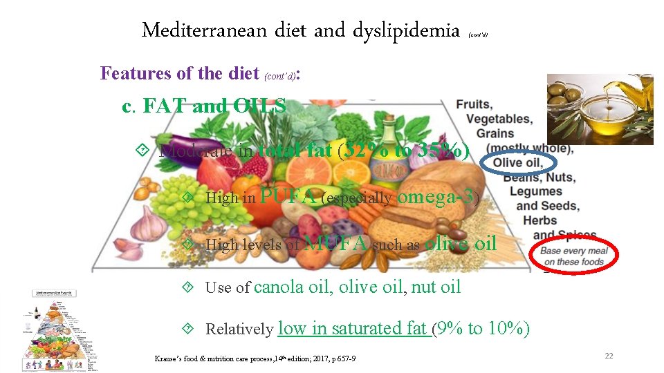 Mediterranean diet and dyslipidemia (cont’d) Features of the diet (cont’d): c. FAT and OILS