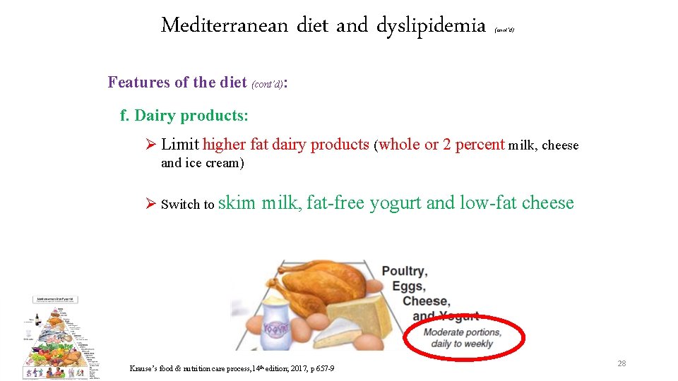 Mediterranean diet and dyslipidemia (cont’d) Features of the diet (cont’d): f. Dairy products: Ø