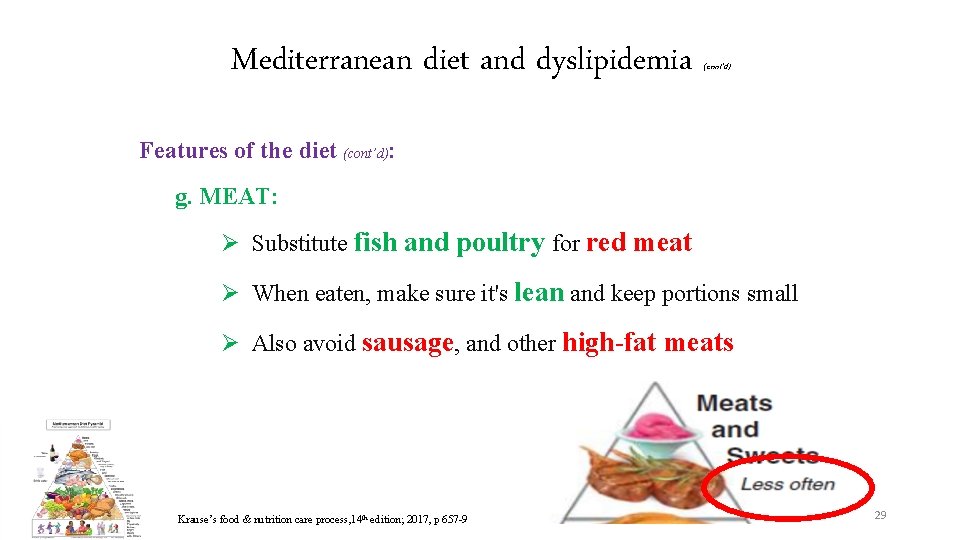 Mediterranean diet and dyslipidemia (cont’d) Features of the diet (cont’d): g. MEAT: Ø Substitute
