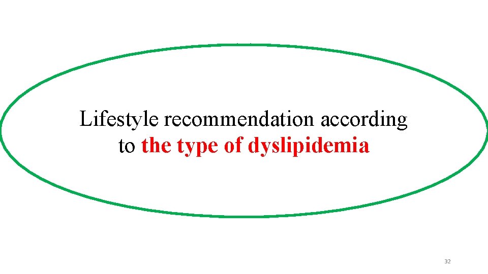 Lifestyle recommendation according to the type of dyslipidemia 32 