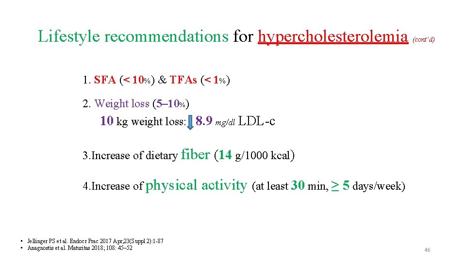 Lifestyle recommendations for hypercholesterolemia (cont’d) 1. SFA (< 10%) & TFAs (< 1%) 2.