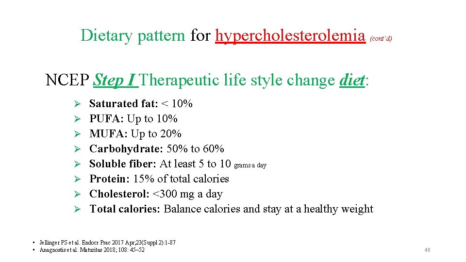 Dietary pattern for hypercholesterolemia (cont’d) NCEP Step I Therapeutic life style change diet: Ø