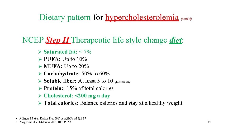 Dietary pattern for hypercholesterolemia (cont’d) NCEP Step II Therapeutic life style change diet: Saturated