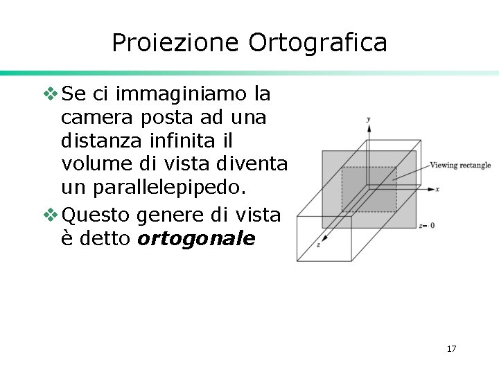 Proiezione Ortografica v Se ci immaginiamo la camera posta ad una distanza infinita il