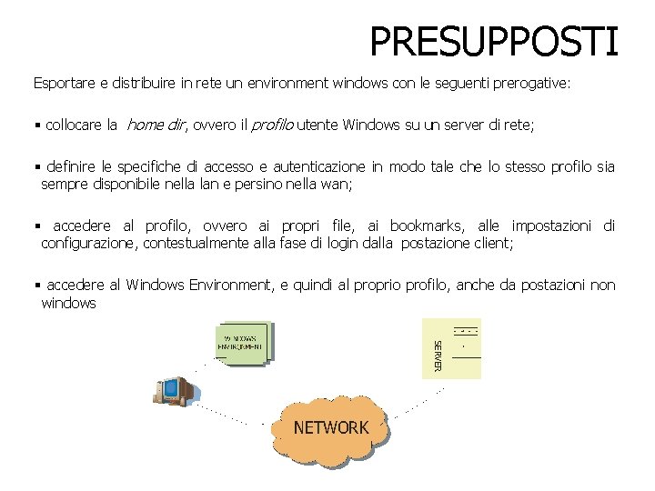 PRESUPPOSTI Esportare e distribuire in rete un environment windows con le seguenti prerogative: §