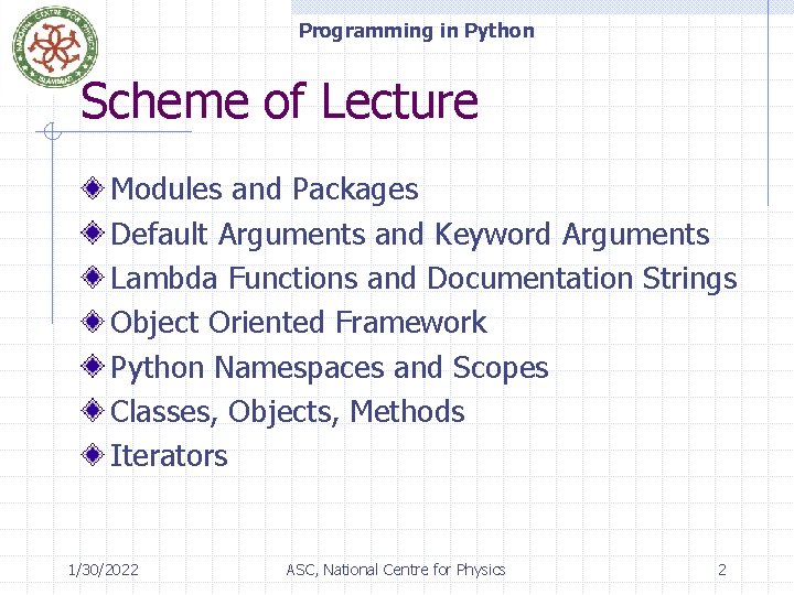 Programming in Python Scheme of Lecture Modules and Packages Default Arguments and Keyword Arguments