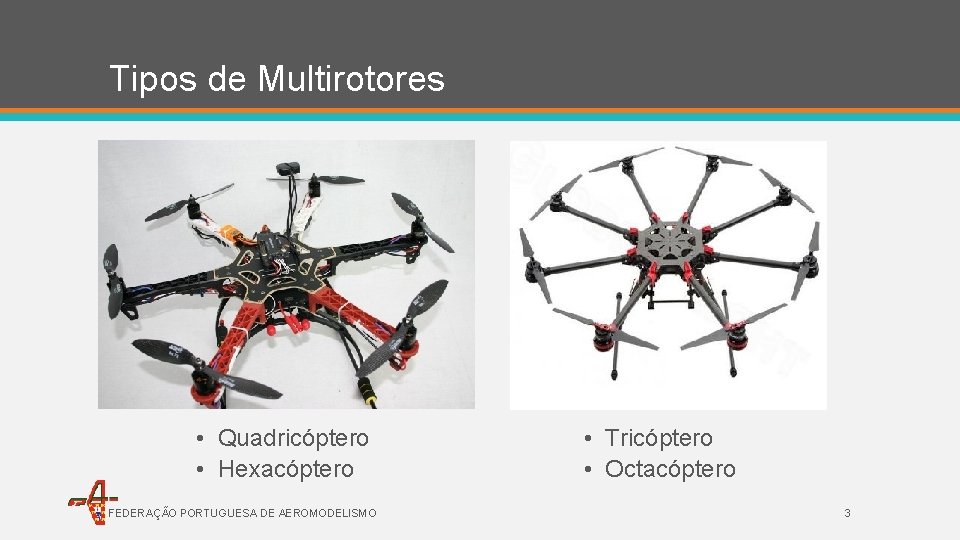 Tipos de Multirotores • Quadricóptero • Hexacóptero FEDERAÇÃO PORTUGUESA DE AEROMODELISMO • Tricóptero •