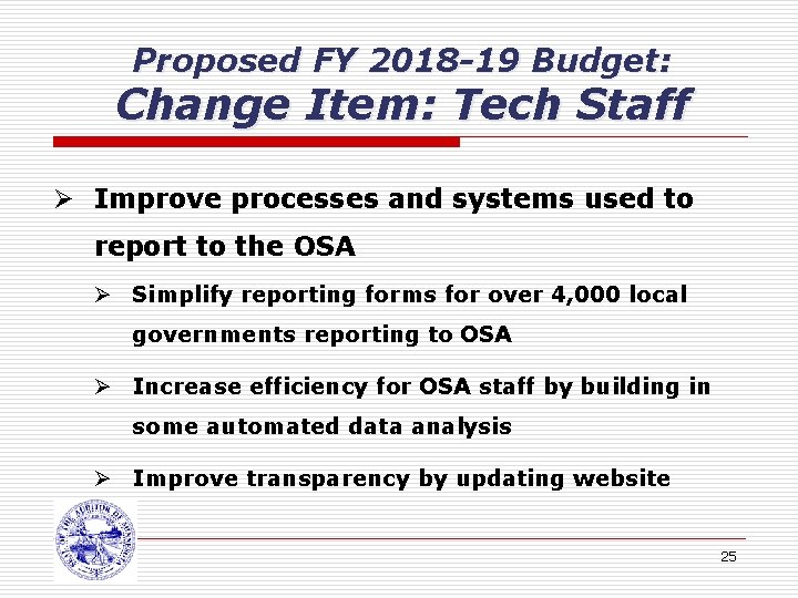 Proposed FY 2018 -19 Budget: Change Item: Tech Staff Ø Improve processes and systems