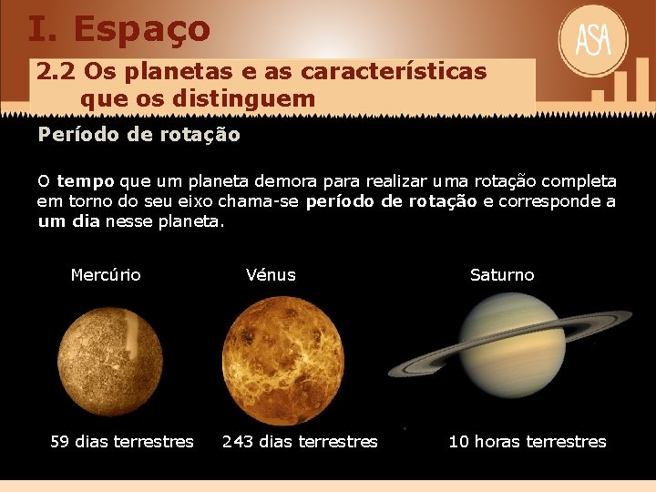 I. Espaço 2. 2 Os planetas e as características que os distinguem Período de