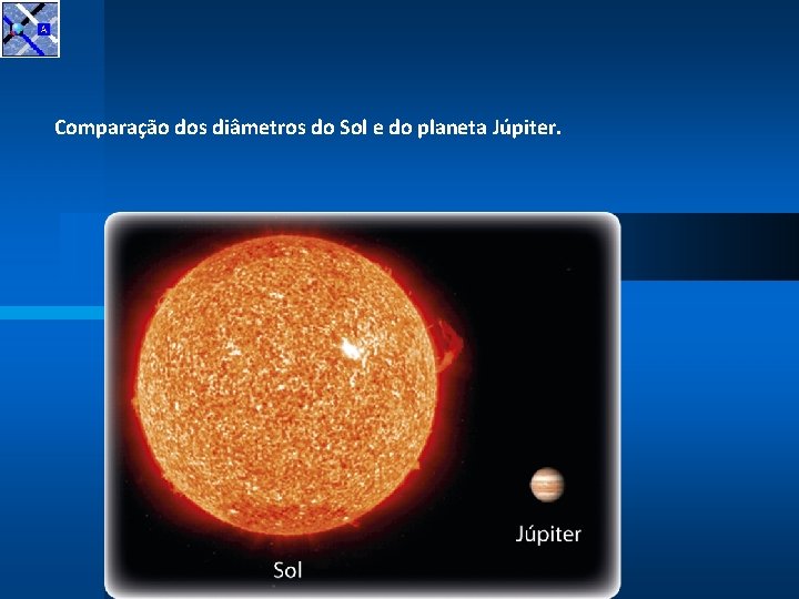 Comparação dos diâmetros do Sol e do planeta Júpiter. 
