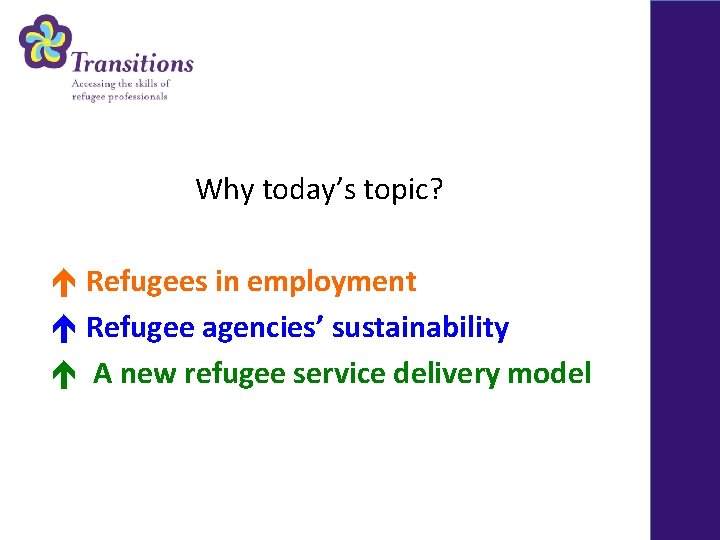 Why today’s topic? é Refugees in employment é Refugee agencies’ sustainability é A new