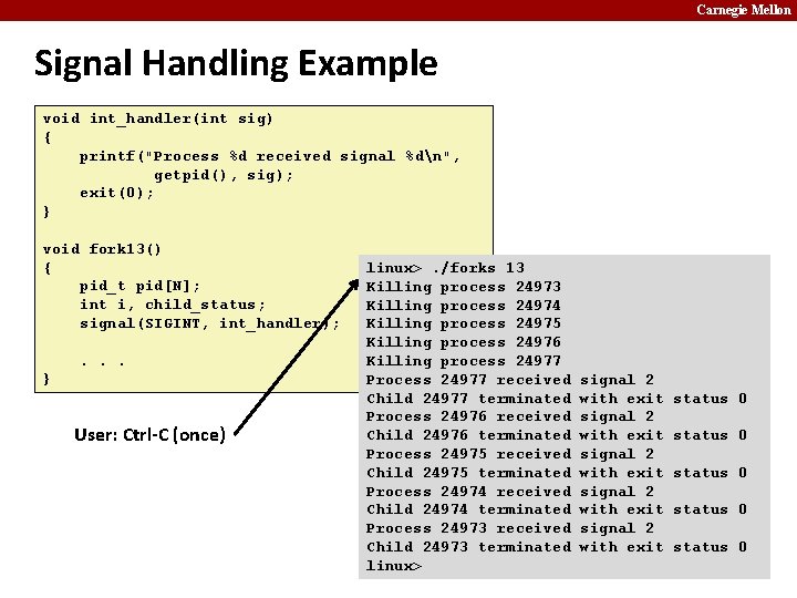 Carnegie Mellon Signal Handling Example void int_handler(int sig) { printf("Process %d received signal %dn",