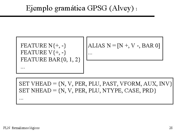 Ejemplo gramática GPSG (Alvey) 1 FEATURE N{+, -} FEATURE V{+, -} FEATURE BAR{0, 1,