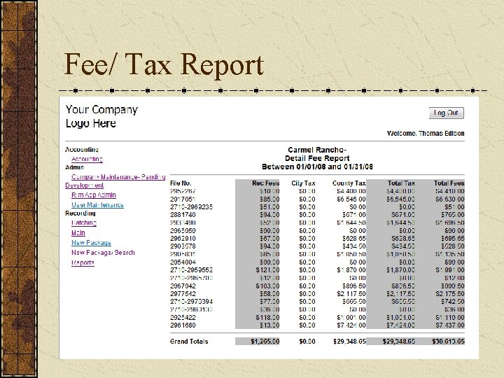Fee/ Tax Report 